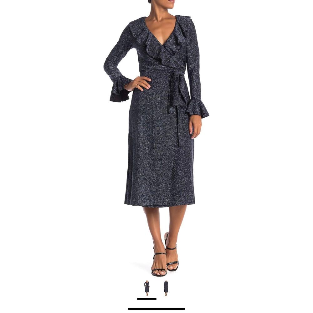 Free People Medium Shimmery Glitter Blue Wrap Dress, deep V, ruffles,, coquette‎